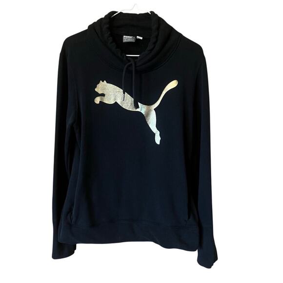 Black and Gold Women’s Puma Cowl Neck Hoodie with Kangaroo Pocket Size Large - Picture 1 of 6